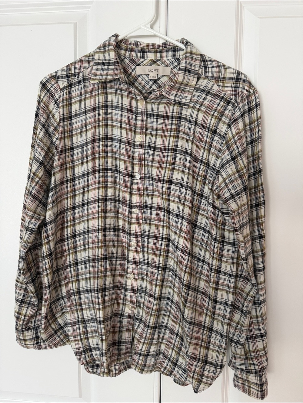 LOFT Plaid Button-Down Shirt in Cream, Black and Brown
